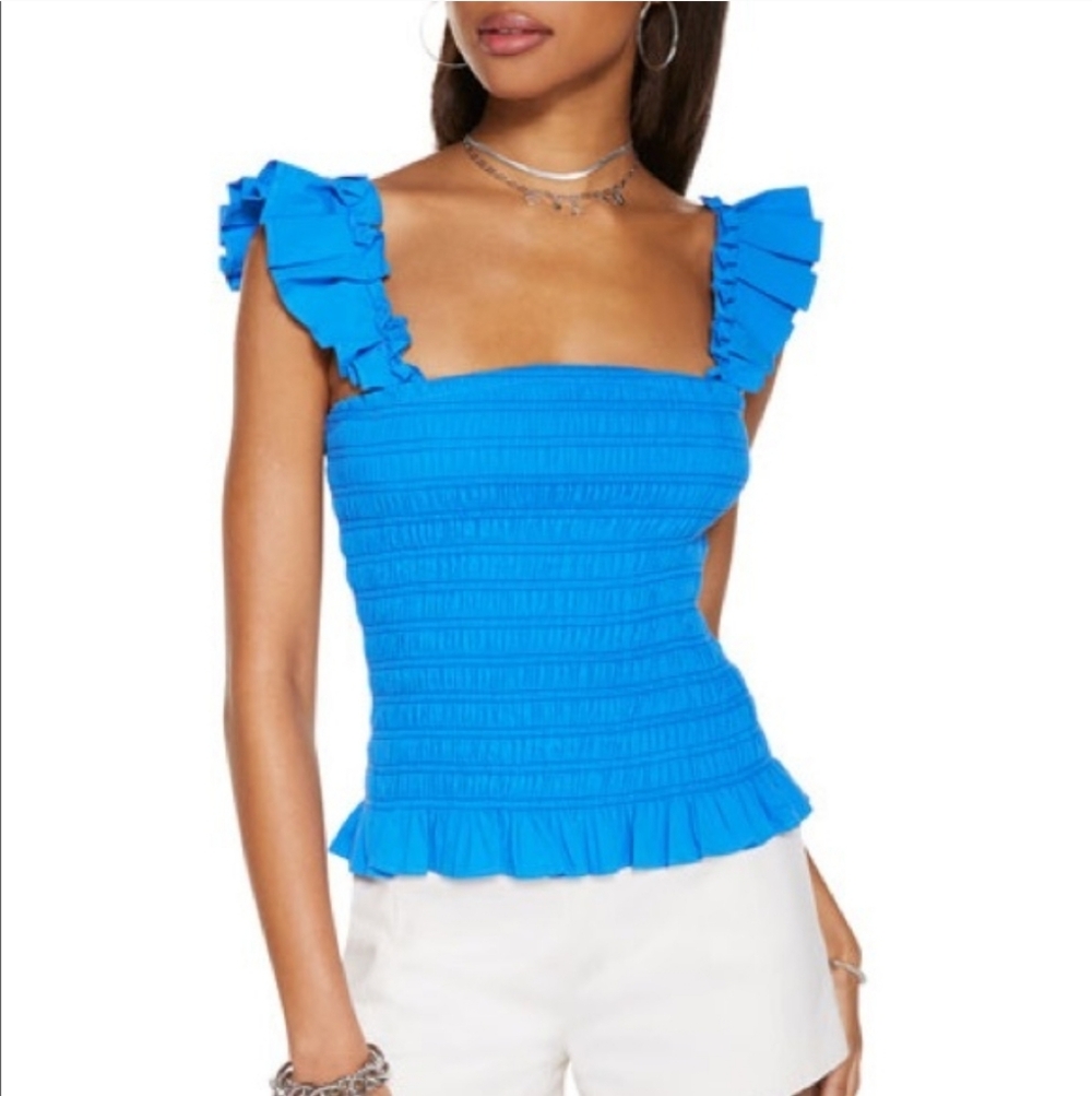 NWT Ramy Brook Riley Smocked Ruffle Top Size XS Horizon - Picture 3 of 7